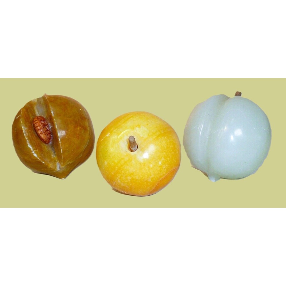 VTG Lot of 3 MCM Carved Marble Stone Alabaster Fruit ~ Peaches and Lemon ~White